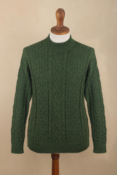 Men's Dark Green 100% Alpaca Pullover Sweater From Peru - Moss Braids ...