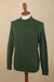 Men's 100% alpaca pullover sweater, 'Moss Braids' - Men's Dark Green 100% Alpaca Pullover Sweater From Peru (image 2c) thumbail