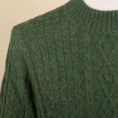 Men's 100% alpaca pullover sweater, 'Moss Braids' - Men's Dark Green 100% Alpaca Pullover Sweater From Peru