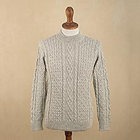 Men's 100% Alpaca Pullover Sweater With Braid Pattern,'Grey Braids'