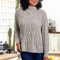 100% alpaca sweater, 'Classic Peruvian' - 100% Alpaca Fiber Knit Pullover Sweater in Grey