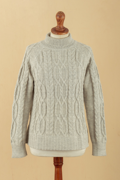 suéter 100% alpaca, 'Clásico Peruano' - Suéter tipo jersey de punto 100% fibra de alpaca en color gris