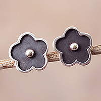 Sterling silver button earrings, 'Dark Flower' - Oxidized Sterling Silver Flower Earrings