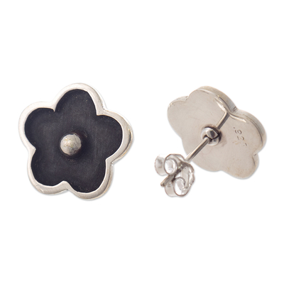 Pendientes de botón de plata de ley - Pendientes flor plata oxidada