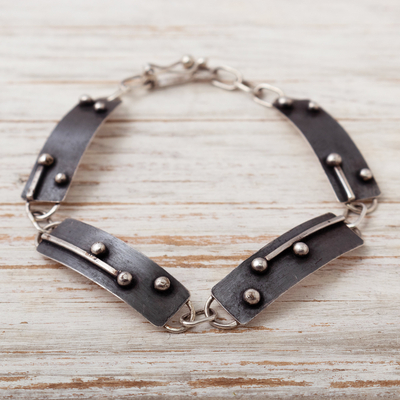 Sterling silver link bracelet, 'Modern Morse' - Oxidized Silver Link Bracelet