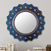 Reverse-painted glass wall mirror, 'Blue Star'