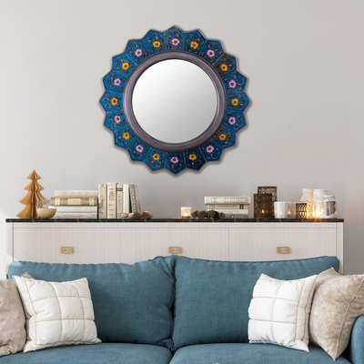 Reverse-painted glass wall mirror, 'Blue Star' - Blue Reverse-Painted Mirror