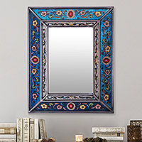 Espejo de pared de vidrio pintado al revés, 'Medallón tradicional' - Espejo de pared artesanal