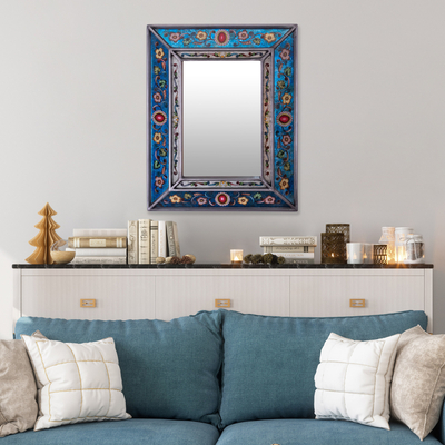 Reverse-painted glass wall mirror, 'Traditional Medallion' - Artisan Crafted Wall Mirror