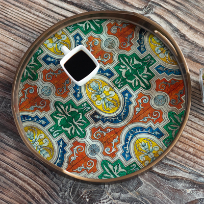 Reverse-painted glass tray, 'Santo Domingo' - Hand Painted Glass Tray