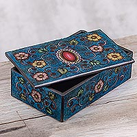 Reverse-painted glass decorative box, 'Traditional Medallion' - Hand Painted Glass and Wood Box
