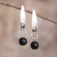 Onyx dangle earrings, 'Natural Leaves' - Black Onyx Earrings from Peru