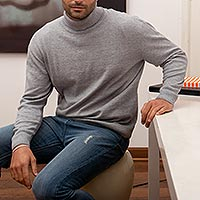 Men's Light Grey Turtleneck Sweater in Eco Friendly Fibers,'Basic Grey'