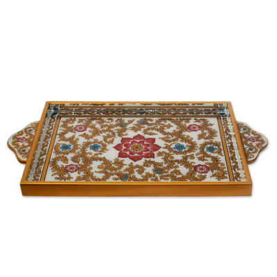 Reverse-painted glass tray, 'Colonial Lotus' - Hand Painted Serving Tray