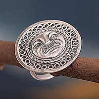 Sterling silver cocktail ring, 'Feline Deity' (1 inch) - Moche-Inspired Cocktail Ring