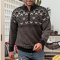 Men's 100% alpaca pullover sweater, 'Lima Snowflake' - Men's Pullover Sweater in Grey with Black and White Accents