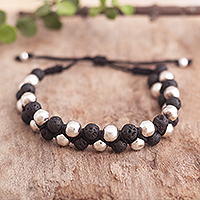 Silver and lava stone beaded bracelet, 'Fascinating Contrast' - Lava Stone and 950 Silver Bracelet