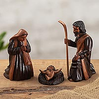 Cedar nativity scene, 'Holy Christmas Birth' (4 pieces) - Hand Carved 4 Piece Cedar Nativity Scene Sculpture