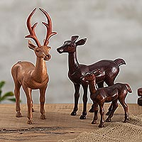 Wood sculptures, 'Deer Family' (set of 3) - Artisan Crafted Deer Sculptures (Set of 3)