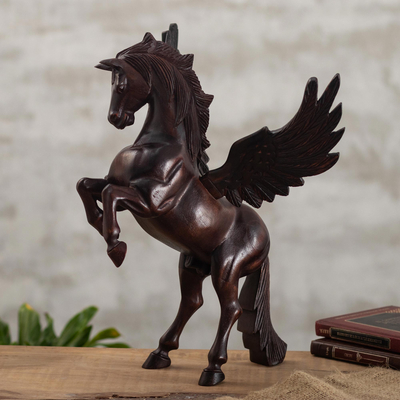 Cedar sculpture, 'Mythic Horse Pegasus' - Artisan Crafted Hand Carved Cedar Winged Horse Sculpture