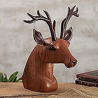 Wood wine bottle holder, 'Regal Deer' - Hand Carved Deer Wine Holder