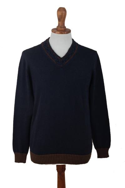 Men's alpaca blend sweater, 'Orcopampa Blue' - Men's V-Neck Alpaca Sweater