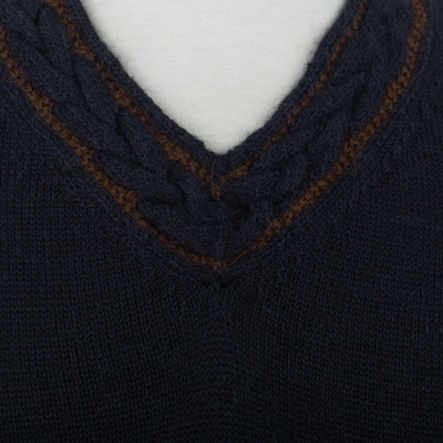 Men's alpaca blend sweater, 'Orcopampa Blue' - Men's V-Neck Alpaca Sweater