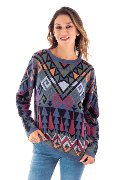 Cotton and recycled PET blend pullover sweater, 'Peruvian Jacquard' - Eco-Friendly Multicolour Jacquard Pullover Sweater from Peru