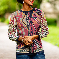 Cotton blend pullover sweater, 'Jacquard Geometry' - Multicoloured Geometric Motif Pullover Crew Neck Sweater