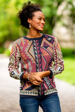 Cotton blend pullover sweater, 'Sacred Geometry' - Multicolored Geometric Motif Pullover Crew Neck Sweater