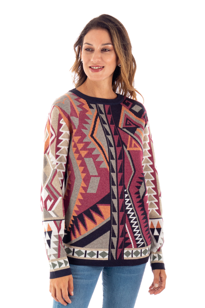 Cotton blend pullover sweater, 'Jacquard Geometry' - Multicoloured Geometric Motif Pullover Crew Neck Sweater