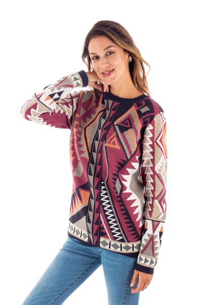 Jersey tipo jersey de mezcla de algodón, 'Geometría sagrada' - Jersey de cuello redondo con motivo geométrico multicolor