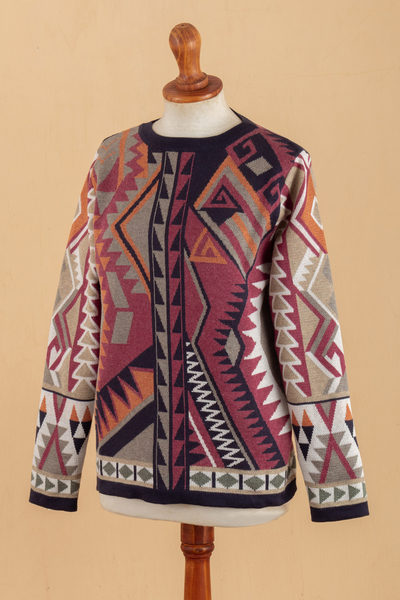 Cotton blend pullover sweater, 'Sacred Geometry' - Multicolored Geometric Motif Pullover Crew Neck Sweater
