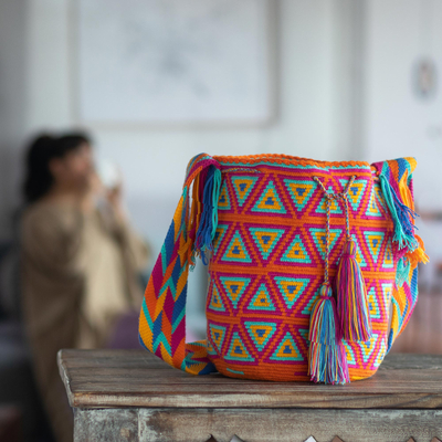 Hand-crocheted bucket bag, 'Wayuu Sunshine' - Handmade Acrylic Shoulder Bag