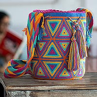 Hand-crocheted bucket bag, 'Wayuu Lights' - Colorful Crocheted Shoulder Bag