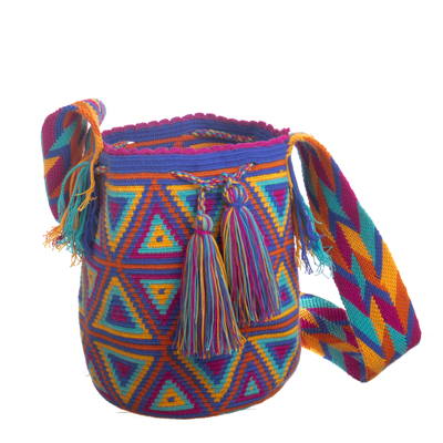 Bolso cubo tejido a mano, 'Luces Wayuu' - Bolso de hombro colorido de ganchillo