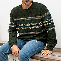 100% Alpaca Men's Pullover Sweater with Geometric Design,'Peruvian Forest'