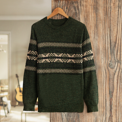 Men's 100% alpaca sweater, 'Peruvian Forest' - 100% Alpaca Men's Pullover Sweater with Geometric Design