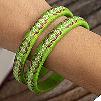 Natural fiber bangle bracelets, 'Green Mountain Air' (pair) - Green Woven Bangle Bracelets (Pair)