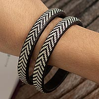 Natural fiber bangle bracelets, 'Coffee Harvest' (pair) - Brown and Ivory Bangle Bracelets (Pair)
