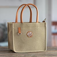 Leather accented cotton handbag, 'Reliable Style' - Cotton Handbag with Leather Trim