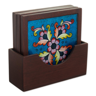 Painted glass coasters, 'Garden Glory' (set of 4) - Floral Coasters from Peru (Set of 4)