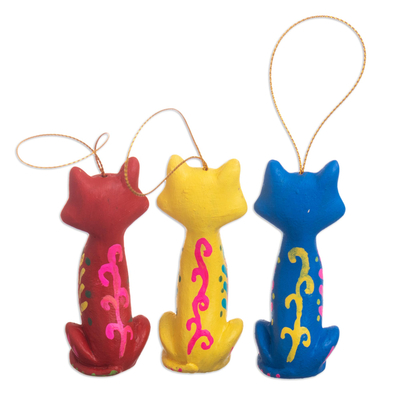 Ceramic ornaments, 'Christmas Cats' (set of 3) - Hand Painted Cat Ornaments (Set of 3)