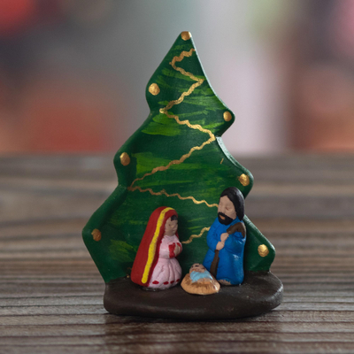 Ceramic nativity sculpture, 'Under the Tree' - Handcrafted Ceramic Christmas Tree Nativity