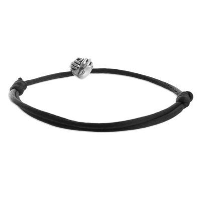 Sterling silver pendant bracelet, 'Join Hands in Black' - Cord Bracelet with Sterling Hands
