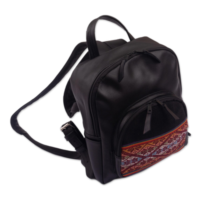 Wool-accented leather backpack, 'Cuzco Sunrise' - Black Leather Backpack with Wool Accent