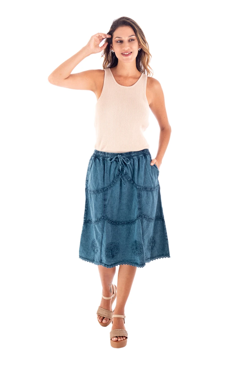Blue Cotton Skirt with Lace Trim - Journey Home | NOVICA