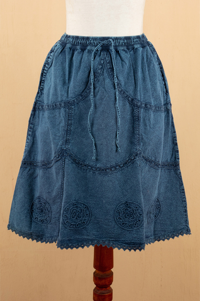 Cotton skirt, 'Journey Home' - Blue Cotton Skirt with Lace Trim