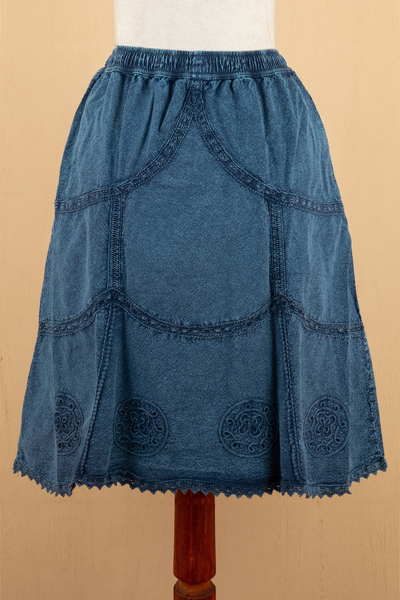 Chambray cotton skirt, 'Andean Fields' - Blue Cotton Skirt with Lace Trim
