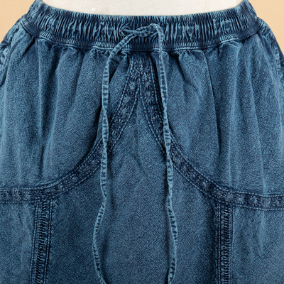 Chambray cotton skirt, 'Andean Fields' - Blue Cotton Skirt with Lace Trim